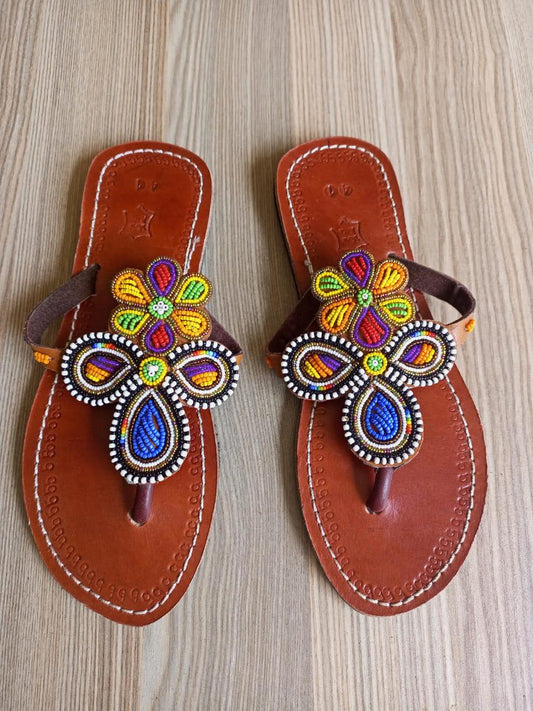 Handmade African Beaded Sandals/Authentic Maasai-Style Leather Flip-Flops Women/Boho Beach Sandals/Comfortable Summer Sandal African Gifts