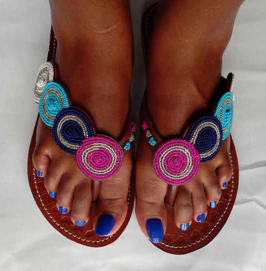 Handmade African Beaded Sandals/Authentic Maasai-Style Leather Flip-Flops Women/Boho Beach Sandals/Comfortable Summer Sandal African Gifts