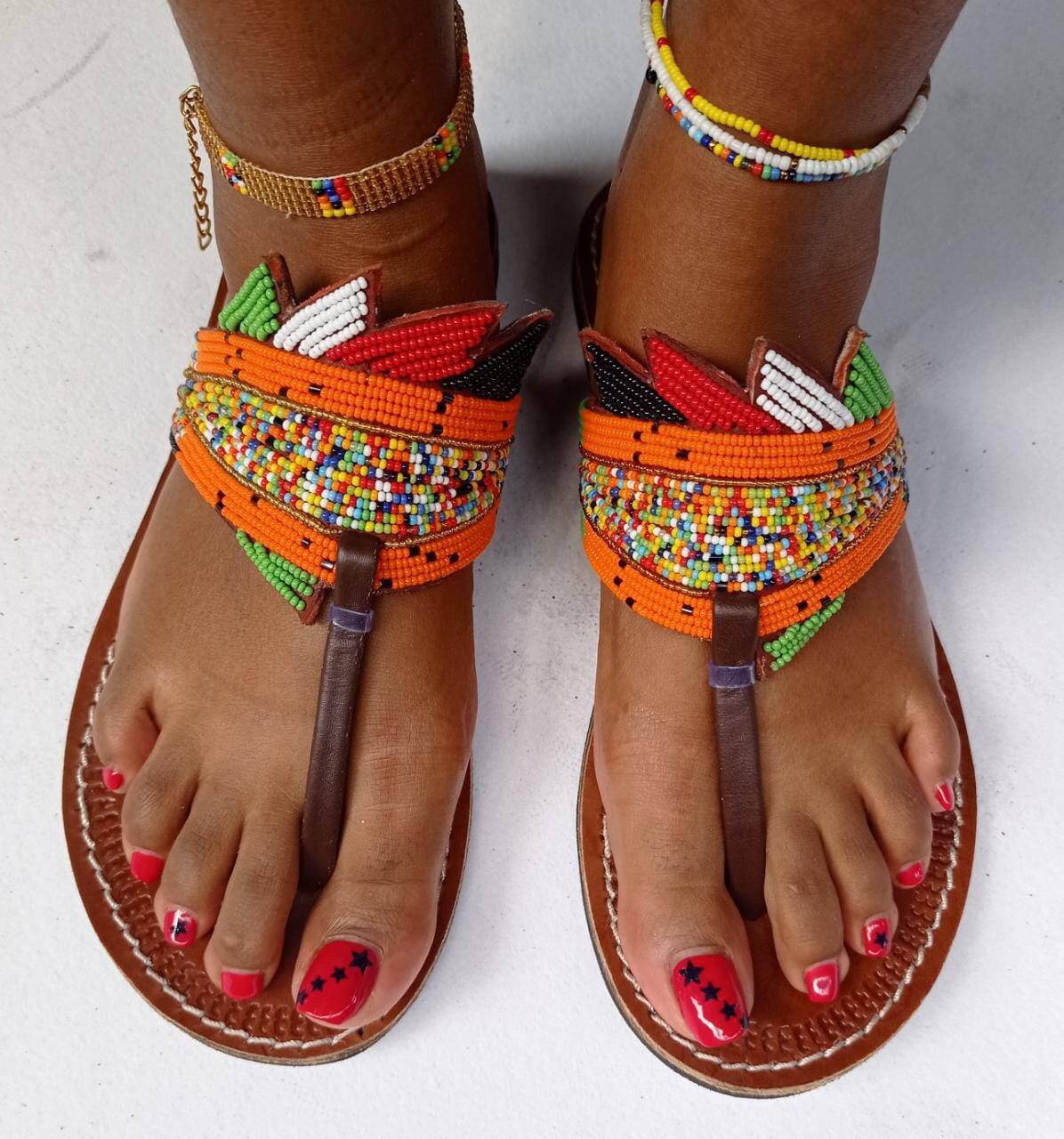 Handmade African Beaded Sandals/Authentic Maasai-Style Leather Flip-Flops Women/Boho Beach Sandals/Comfortable Summer Sandal African Gifts