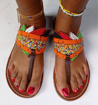 Handmade African Beaded Sandals/Authentic Maasai-Style Leather Flip-Flops Women/Boho Beach Sandals/Comfortable Summer Sandal African Gifts