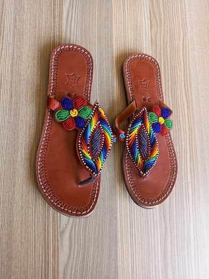 Handmade African Beaded Sandals/Authentic Maasai-Style Leather Flip-Flops Women/Boho Beach Sandals/Comfortable Summer Sandal African Gifts