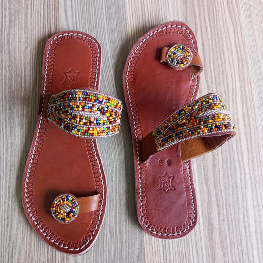 Handmade African Beaded Sandals/Authentic Maasai-Style Leather Flip-Flops Women/Boho Beach Sandals/Comfortable Summer Sandal African Gifts