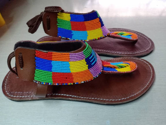 Handmade African Beaded Sandals/Authentic Maasai-Style Leather Flip-Flops Women/Boho Beach Sandals/Comfortable Summer Sandal African Gifts