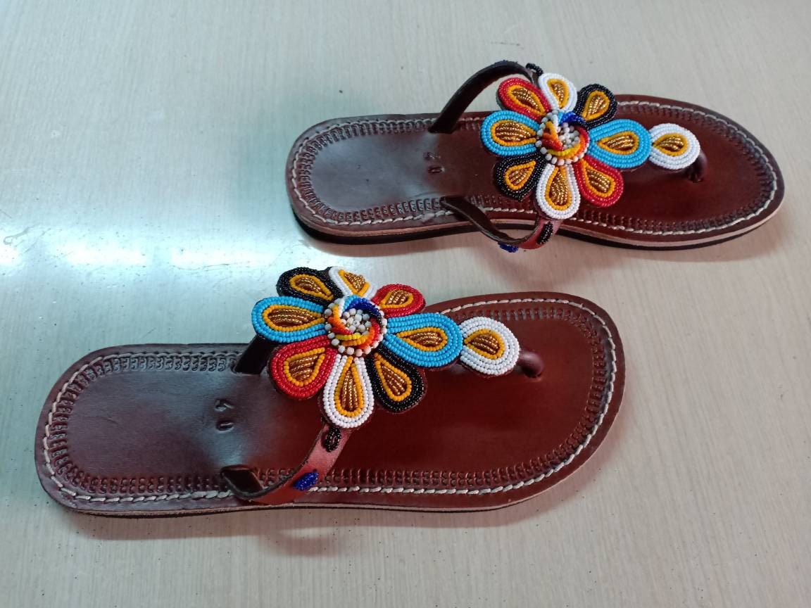 Handmade African Beaded Sandals/Authentic Maasai-Style Leather Flip-Flops Women/Boho Beach Sandals/Comfortable Summer Sandal African Gifts