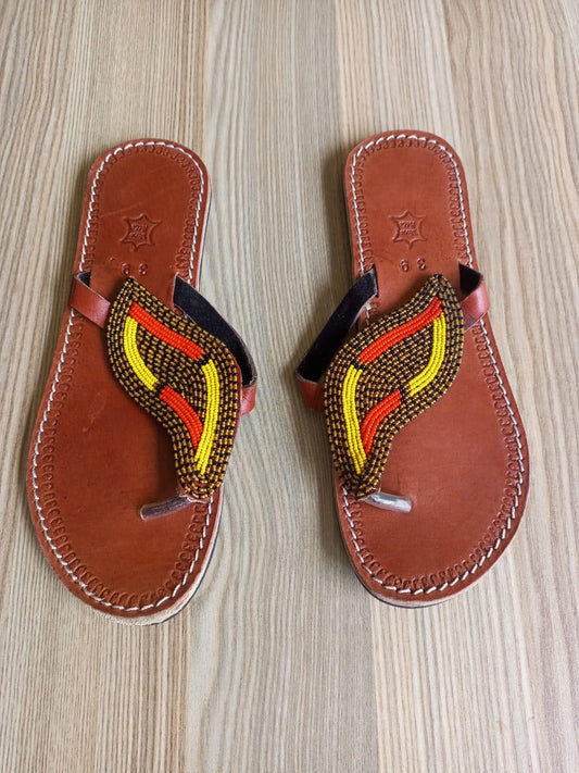 Handmade African Beaded Sandals/Authentic Maasai-Style Leather Flip-Flops Women/Boho Beach Sandals/Comfortable Summer Sandal African Gifts