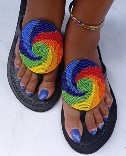 Handmade African Beaded Sandals/Authentic Maasai-Style Leather Flip-Flops Women/Boho Beach Sandals/Comfortable Summer Sandal African Gifts
