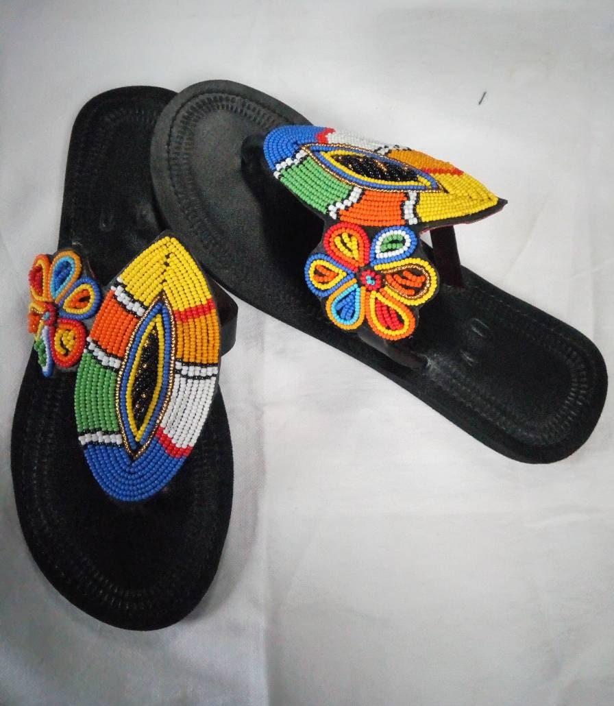 Handmade African Beaded Sandals/Authentic Maasai-Style Leather Flip-Flops Women/Boho Beach Sandals/Comfortable Summer Sandal African Gifts
