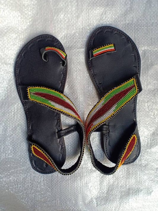 Handmade African Beaded Sandals/Authentic Maasai-Style Leather Flip-Flops Women/Boho Beach Sandals/Comfortable Summer Sandal African Gifts