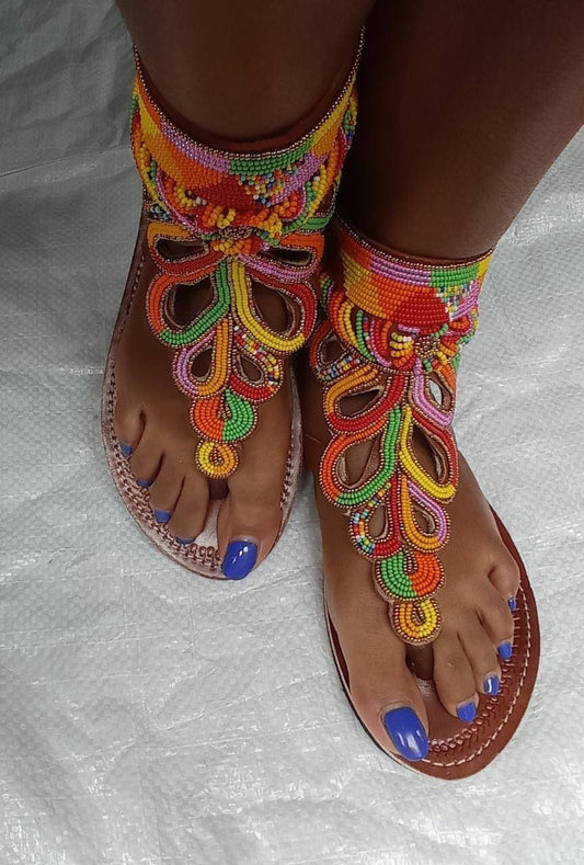 Handmade African Beaded Sandals/Authentic Maasai-Style Leather Flip-Flops Women/Boho Beach Sandals/Comfortable Summer Sandal African Gifts