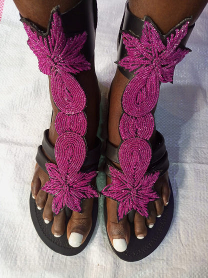 Handmade African Beaded Sandals/Authentic Maasai-Style Leather Flip-Flops Women/Boho Beach Sandals/Comfortable Summer Sandal African Gifts