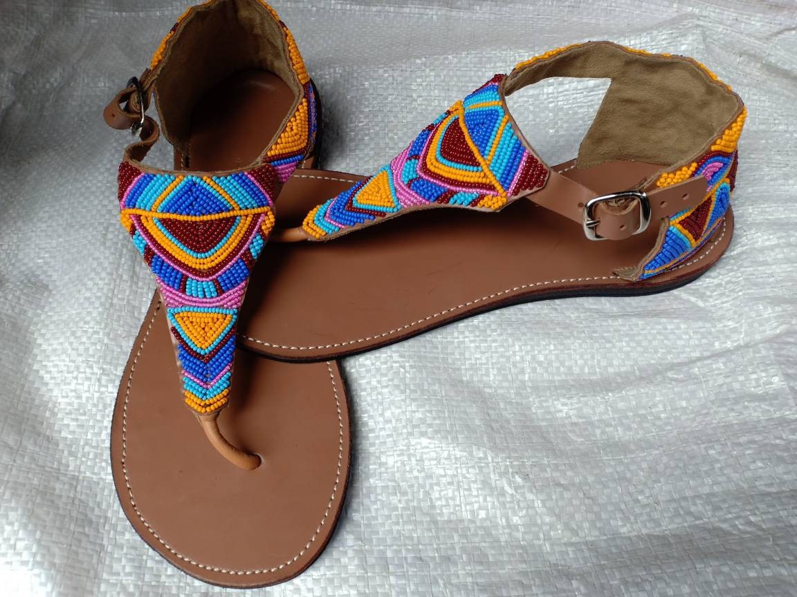 Handmade African Beaded Sandals/Authentic Maasai-Style Leather Flip-Flops Women/Boho Beach Sandals/Comfortable Summer Sandal African Gifts