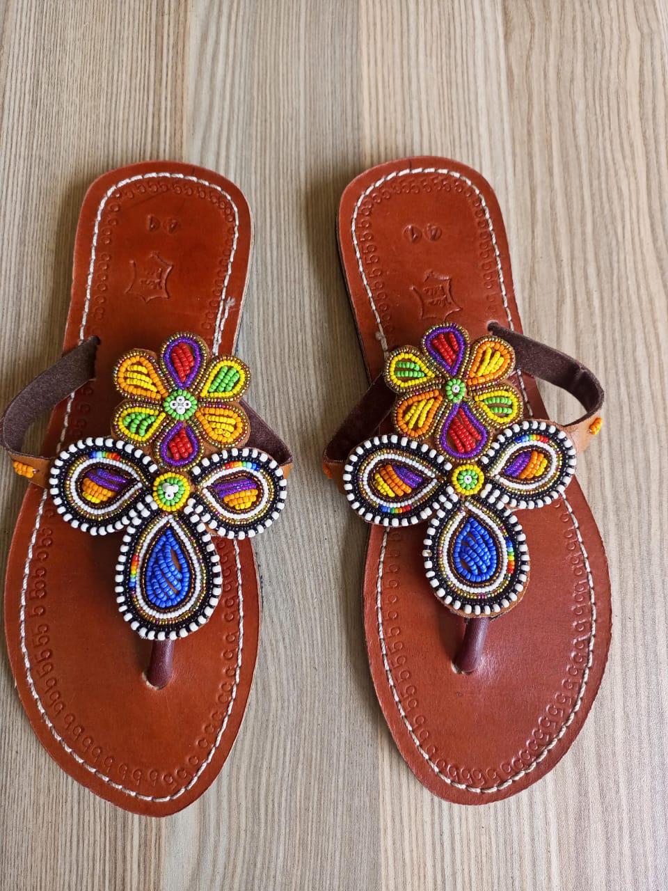 Handmade African Beaded Sandals/Authentic Maasai-Style Leather Flip-Flops Women/Boho Beach Sandals/Comfortable Summer Sandal African Gifts
