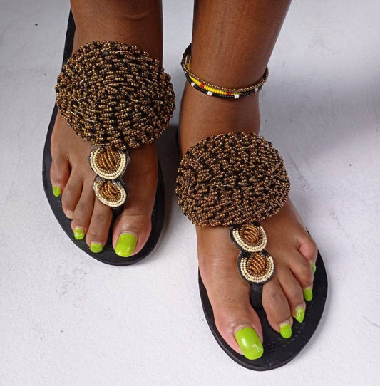 Handmade African Beaded Sandals/Authentic Maasai-Style Leather Flip-Flops Women/Boho Beach Sandals/Comfortable Summer Sandal African Gifts