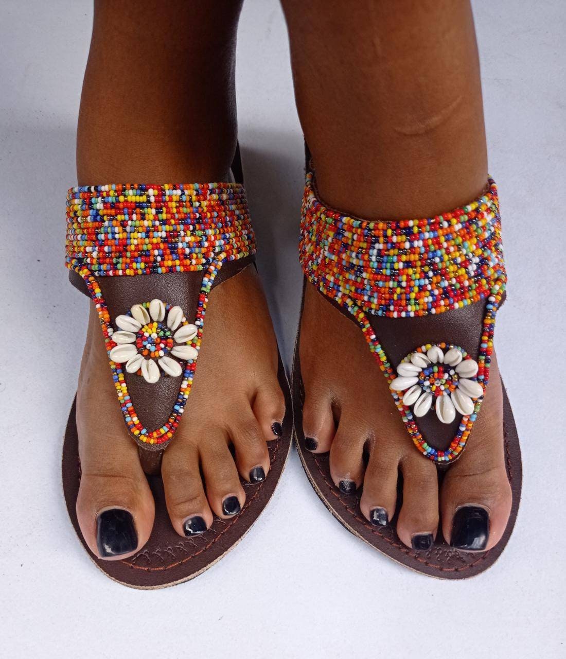 Handmade African Beaded Sandals/Authentic Maasai-Style Leather Flip-Flops Women/Boho Beach Sandals/Comfortable Summer Sandal African Gifts