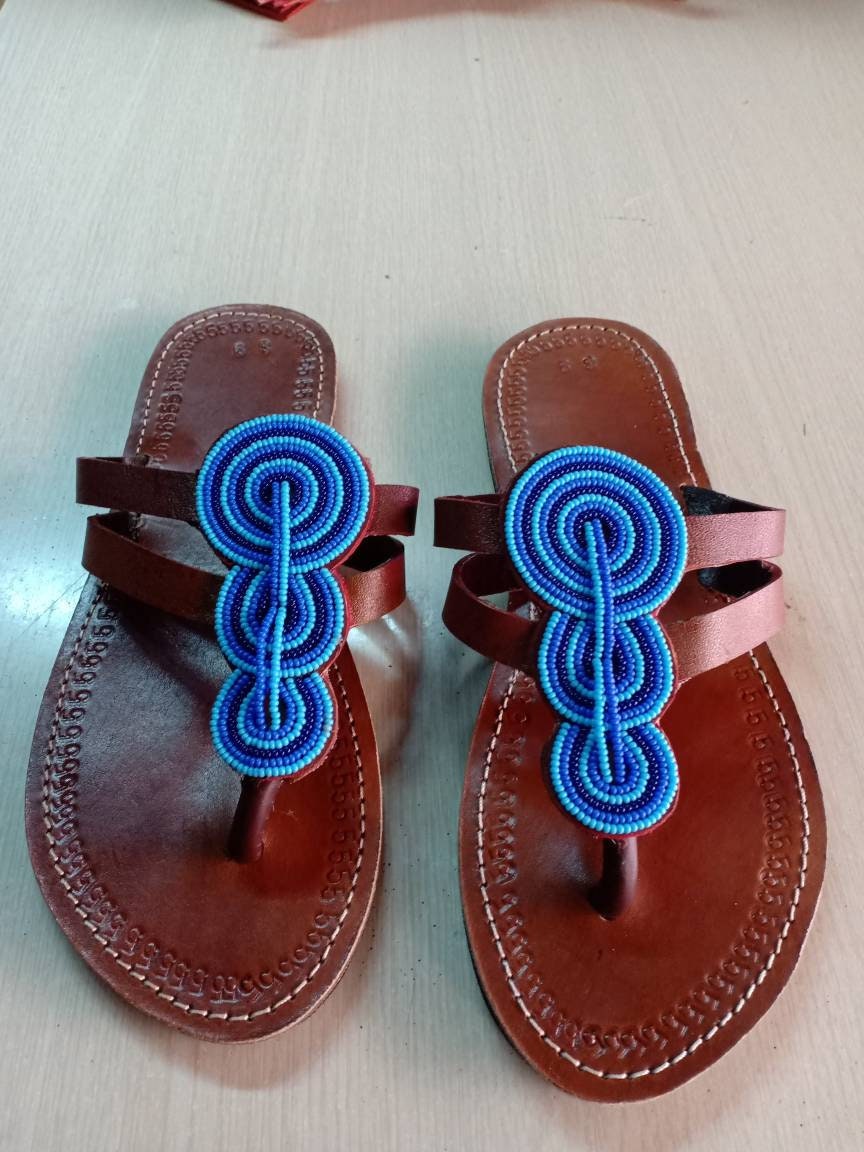 Handmade African Beaded Sandals/Authentic Maasai-Style Leather Flip-Flops Women/Boho Beach Sandals/Comfortable Summer Sandal African Gifts
