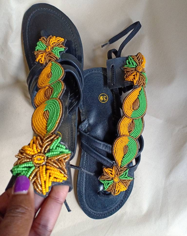 Handmade African Beaded Sandals/Authentic Maasai-Style Leather Flip-Flops Women/Boho Beach Sandals/Comfortable Summer Sandal African Gifts