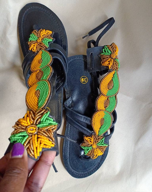 Handmade African Beaded Sandals/Authentic Maasai-Style Leather Flip-Flops Women/Boho Beach Sandals/Comfortable Summer Sandal African Gifts