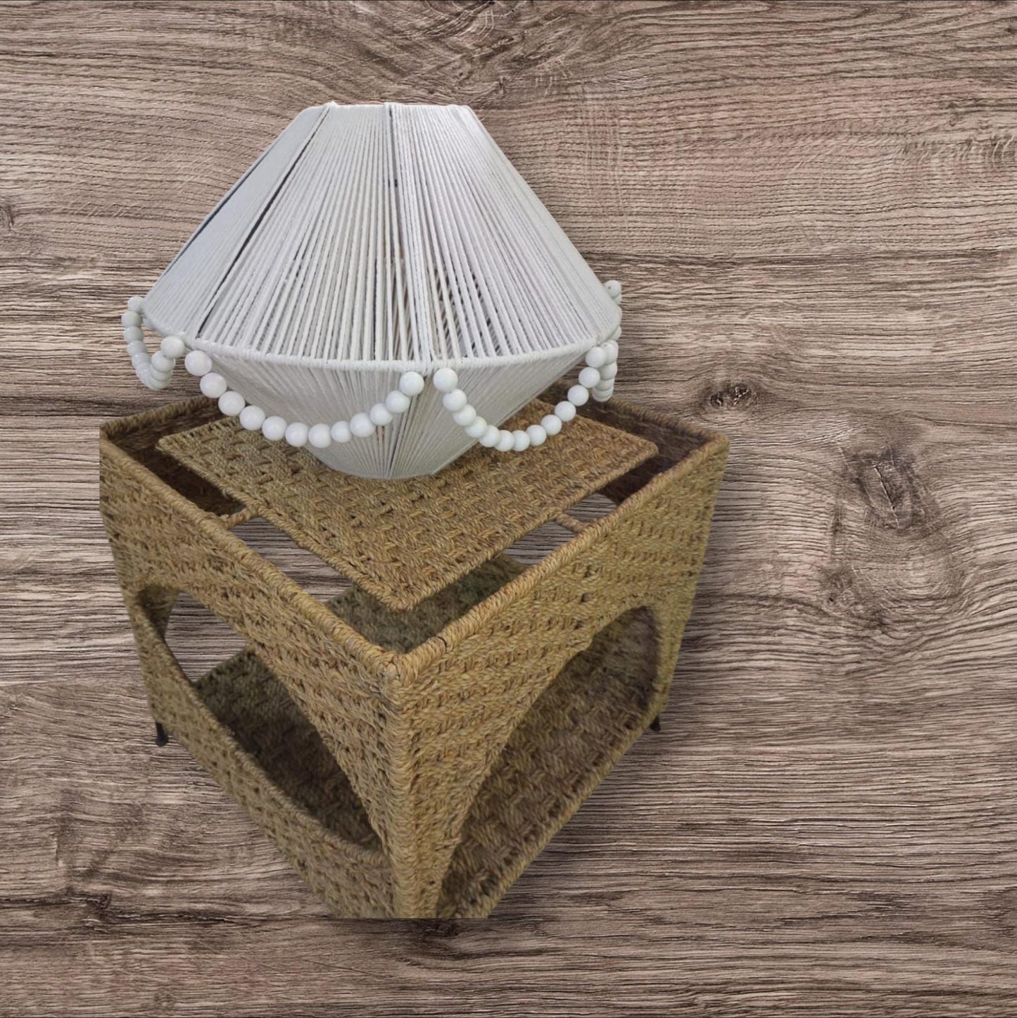 Handcrafted White Cord Lamp Shade with Elegant Beads – Boho Chic Lighting for Home Décor