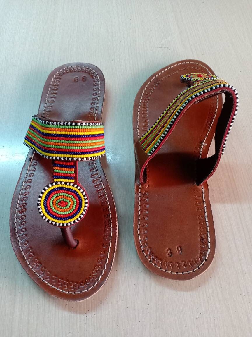 Handmade African Beaded Sandals/Authentic Maasai-Style Leather Flip-Flops Women/Boho Beach Sandals/Comfortable Summer Sandal African Gifts