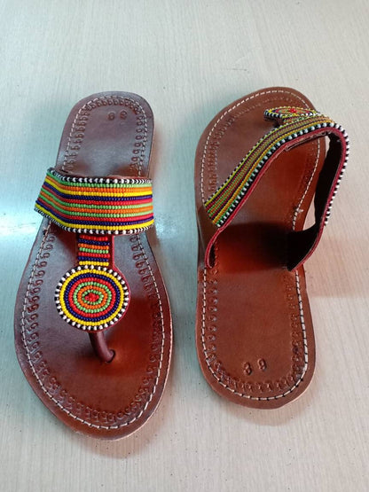 Handmade African Beaded Sandals/Authentic Maasai-Style Leather Flip-Flops Women/Boho Beach Sandals/Comfortable Summer Sandal African Gifts