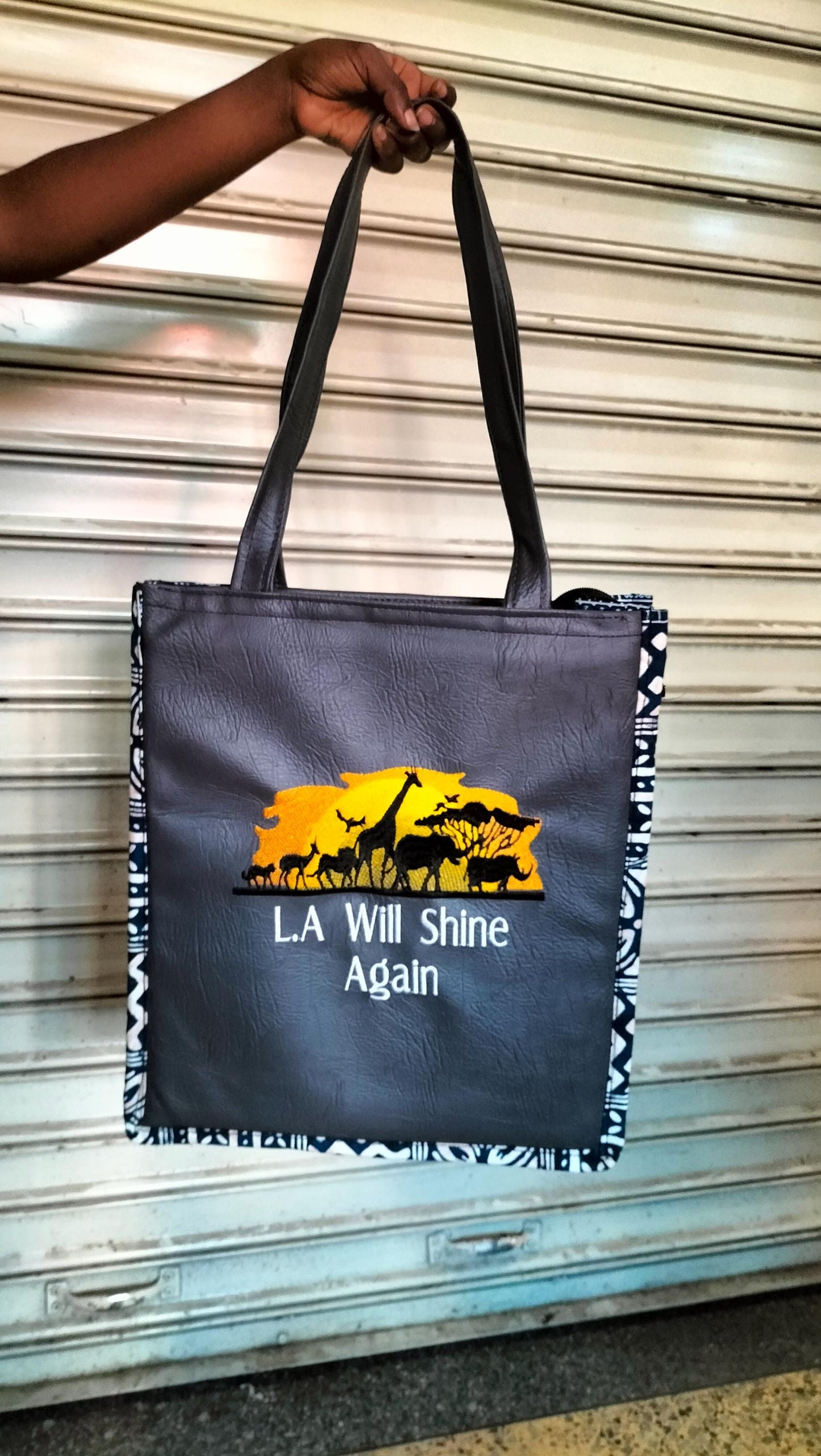 L A will Shine again African Leather Tote bag, handcrafted laptop bag,Black woman modern African tote bag, Stylish tote bag, Brown girl bag.