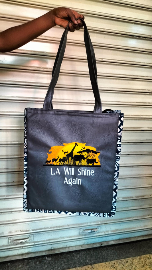 L A will Shine again African Leather Tote bag, handcrafted laptop bag,Black woman modern African tote bag, Stylish tote bag, Brown girl bag.