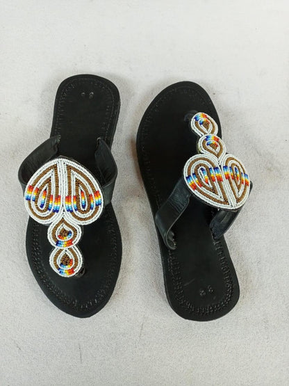 Handmade African Beaded Sandals/Authentic Maasai-Style Leather Flip-Flops Women/Boho Beach Sandals/Comfortable Summer Sandal African Gifts