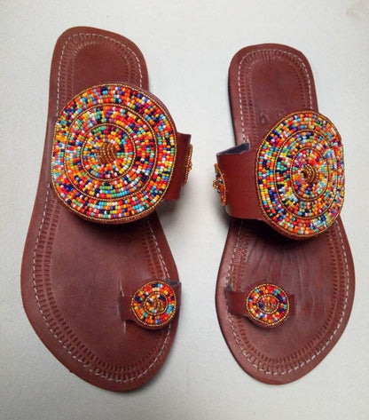 Handmade African Beaded Sandals/Authentic Maasai-Style Leather Flip-Flops Women/Boho Beach Sandals/Comfortable Summer Sandal African Gifts