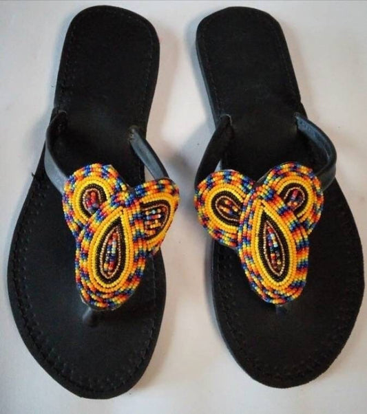 Handmade African Beaded Sandals/Authentic Maasai-Style Leather Flip-Flops Women/Boho Beach Sandals/Comfortable Summer Sandal African Gifts