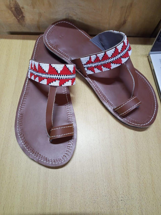 Handmade African Men's Sandals/Genuine Leather Beaded Flip-Flops/Comfortable Summer Sandals for Men/African Shoes/Unique Gift for Him