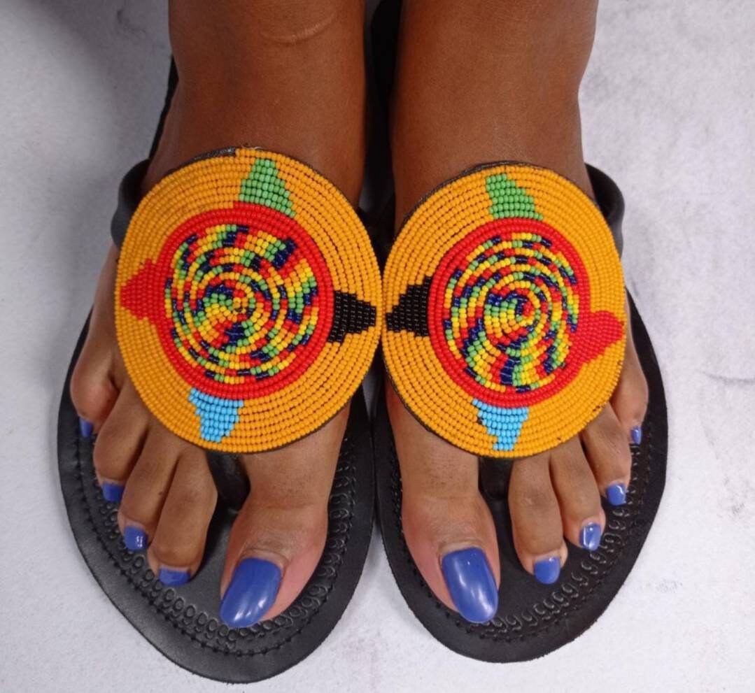Handmade African Beaded Sandals/Authentic Maasai-Style Leather Flip-Flops Women/Boho Beach Sandals/Comfortable Summer Sandal African Gifts