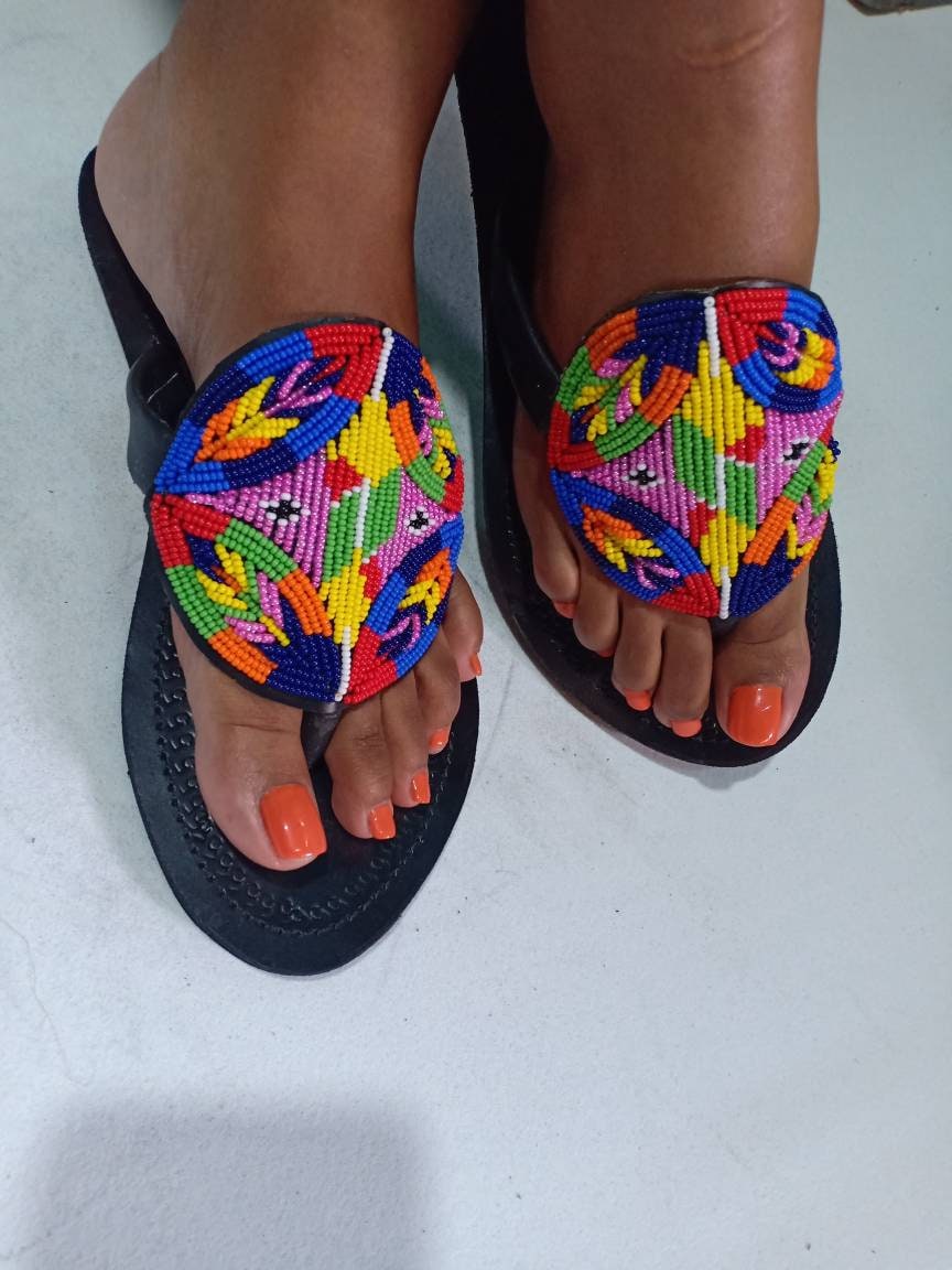 Handmade African Beaded Sandals/Authentic Maasai-Style Leather Flip-Flops Women/Boho Beach Sandals/Comfortable Summer Sandal African Gifts