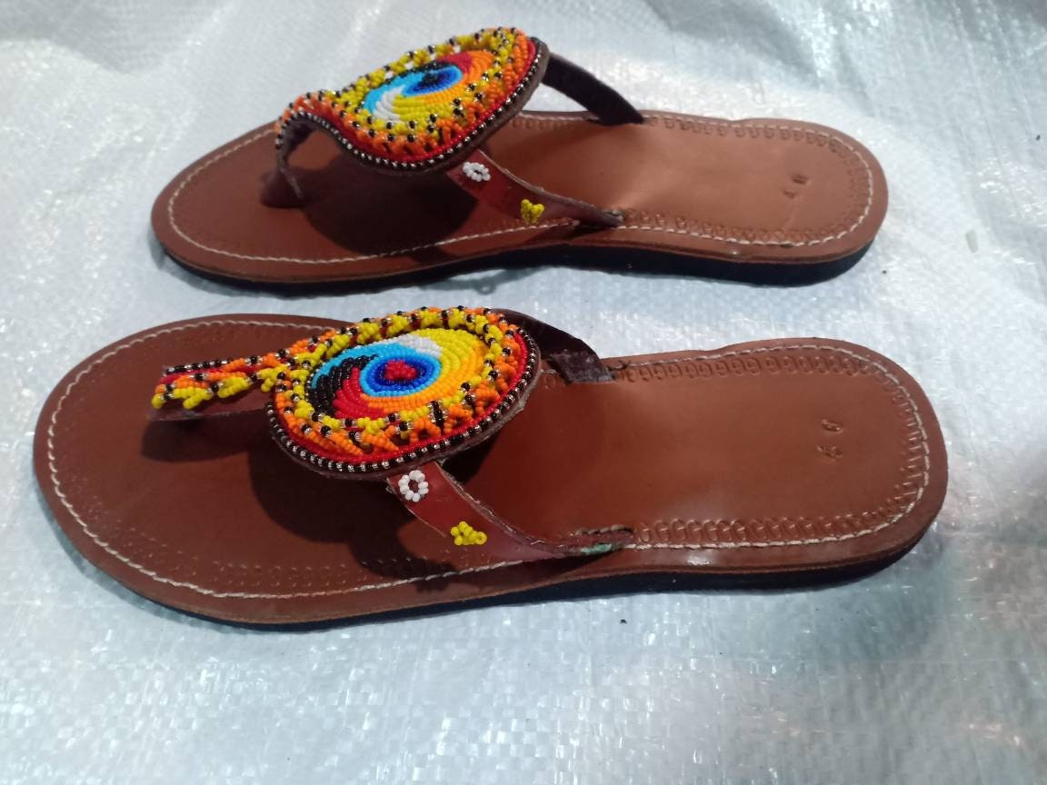 Handmade African Beaded Sandals/Authentic Maasai-Style Leather Flip-Flops Women/Boho Beach Sandals/Comfortable Summer Sandal African Gifts
