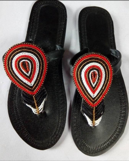 Handmade African Beaded Sandals/Authentic Maasai-Style Leather Flip-Flops Women/Boho Beach Sandals/Comfortable Summer Sandal African Gifts