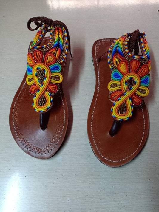 Handmade African Beaded Sandals/Authentic Maasai-Style Leather Flip-Flops Women/Boho Beach Sandals/Comfortable Summer Sandal African Gifts
