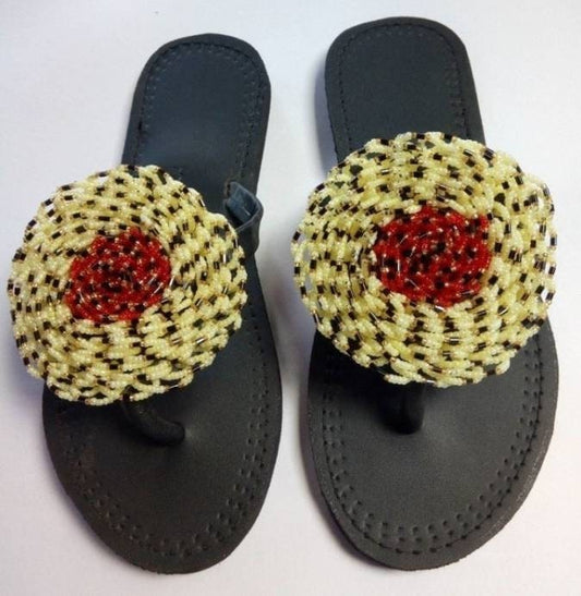 Handmade African Beaded Sandals/Authentic Maasai-Style Leather Flip-Flops Women/Boho Beach Sandals/Comfortable Summer Sandal African Gifts
