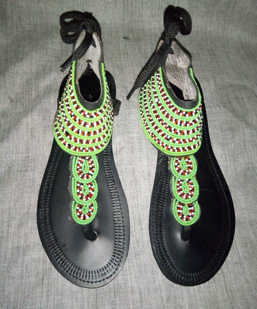 Handmade African Beaded Sandals/Authentic Maasai-Style Leather Flip-Flops Women/Boho Beach Sandals/Comfortable Summer Sandal African Gifts