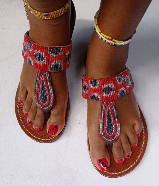 Handmade African Beaded Sandals/Authentic Maasai-Style Leather Flip-Flops Women/Boho Beach Sandals/Comfortable Summer Sandal African Gifts