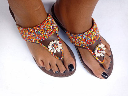 Handmade African Beaded Sandals/Authentic Maasai-Style Leather Flip-Flops Women/Boho Beach Sandals/Comfortable Summer Sandal African Gifts
