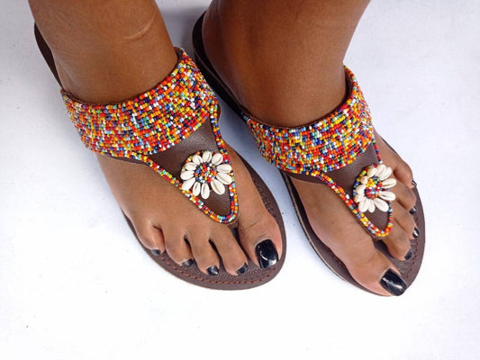 Handmade African Beaded Sandals/Authentic Maasai-Style Leather Flip-Flops Women/Boho Beach Sandals/Comfortable Summer Sandal African Gifts