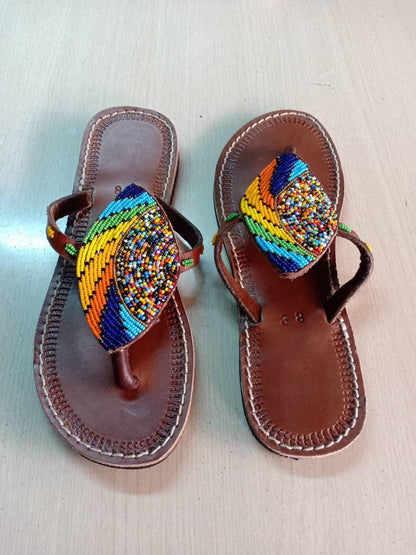 Handmade African Beaded Sandals/Authentic Maasai-Style Leather Flip-Flops Women/Boho Beach Sandals/Comfortable Summer Sandal African Gifts