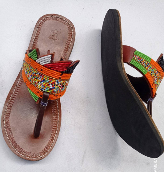 Handmade African Beaded Sandals/Authentic Maasai-Style Leather Flip-Flops Women/Boho Beach Sandals/Comfortable Summer Sandal African Gifts