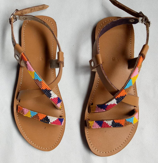 Handmade African Beaded Sandals/Authentic Maasai-Style Leather Flip-Flops Women/Boho Beach Sandals/Comfortable Summer Sandal African Gifts