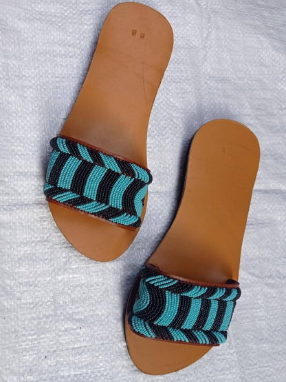 Handmade African Beaded Sandals/Authentic Maasai-Style Leather Flip-Flops Women/Boho Beach Sandals/Comfortable Summer Sandal African Gifts