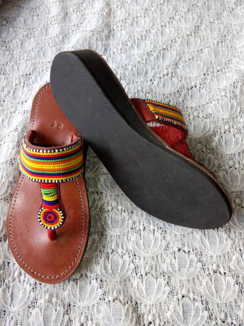 Handmade African Beaded Sandals/Authentic Maasai-Style Leather Flip-Flops Women/Boho Beach Sandals/Comfortable Summer Sandal African Gifts