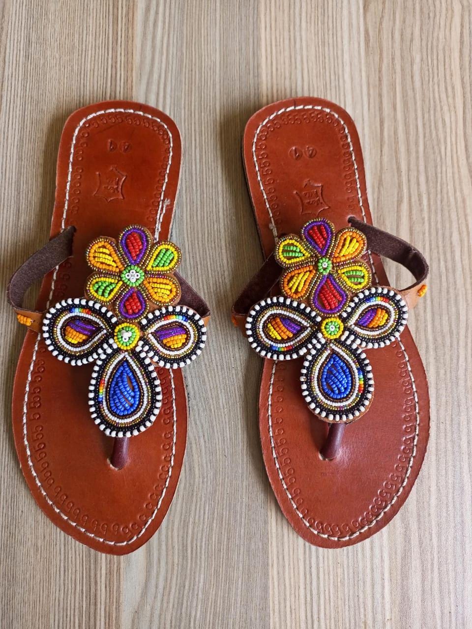 Handmade African Beaded Sandals/Authentic Maasai-Style Leather Flip-Flops Women/Boho Beach Sandals/Comfortable Summer Sandal African Gifts