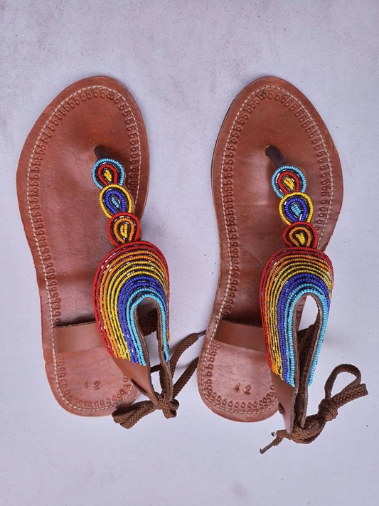 Handmade African Beaded Sandals/Authentic Maasai-Style Leather Flip-Flops Women/Boho Beach Sandals/Comfortable Summer Sandal African Gifts
