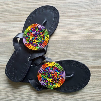 Handmade African Beaded Sandals/Authentic Maasai-Style Leather Flip-Flops Women/Boho Beach Sandals/Comfortable Summer Sandal African Gifts