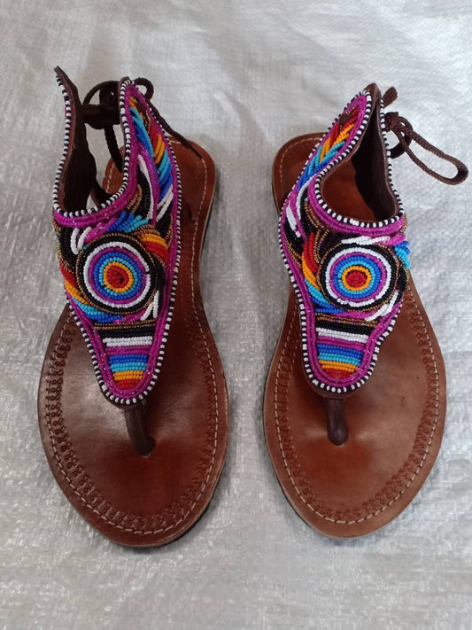 Handmade African Beaded Sandals/Authentic Maasai-Style Leather Flip-Flops Women/Boho Beach Sandals/Comfortable Summer Sandal African Gifts