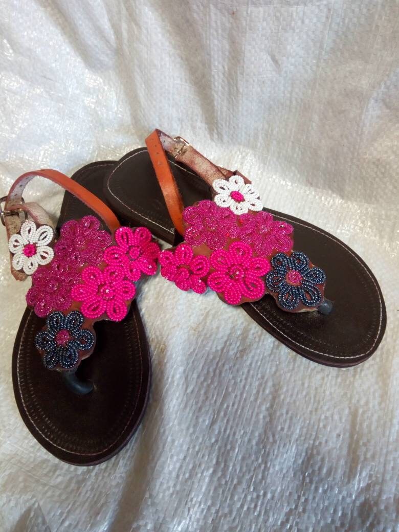 Handmade African Beaded Sandals/Authentic Maasai-Style Leather Flip-Flops Women/Boho Beach Sandals/Comfortable Summer Sandal African Gifts